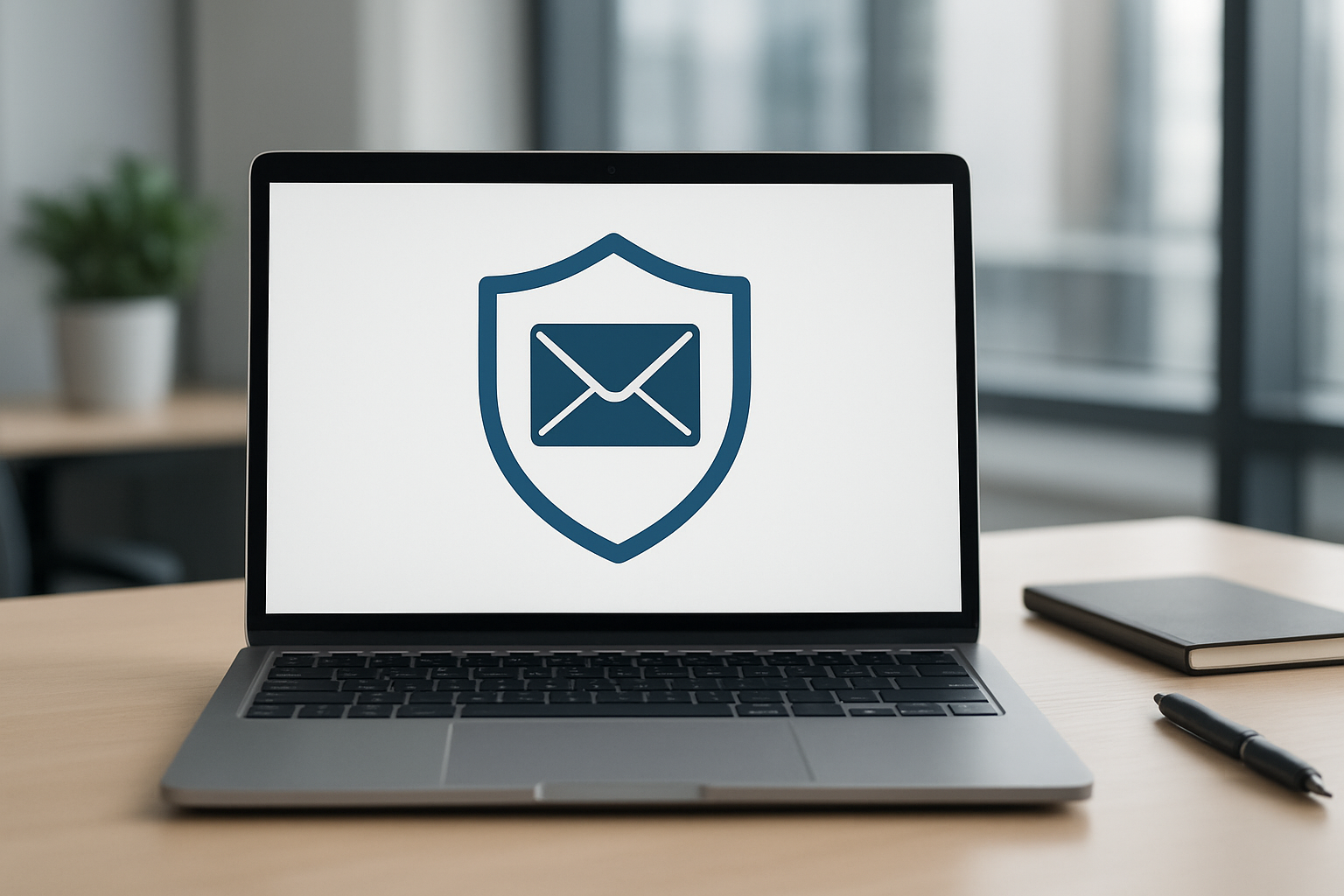 Laptop displaying an envelope icon within a shield, symbolizing email security